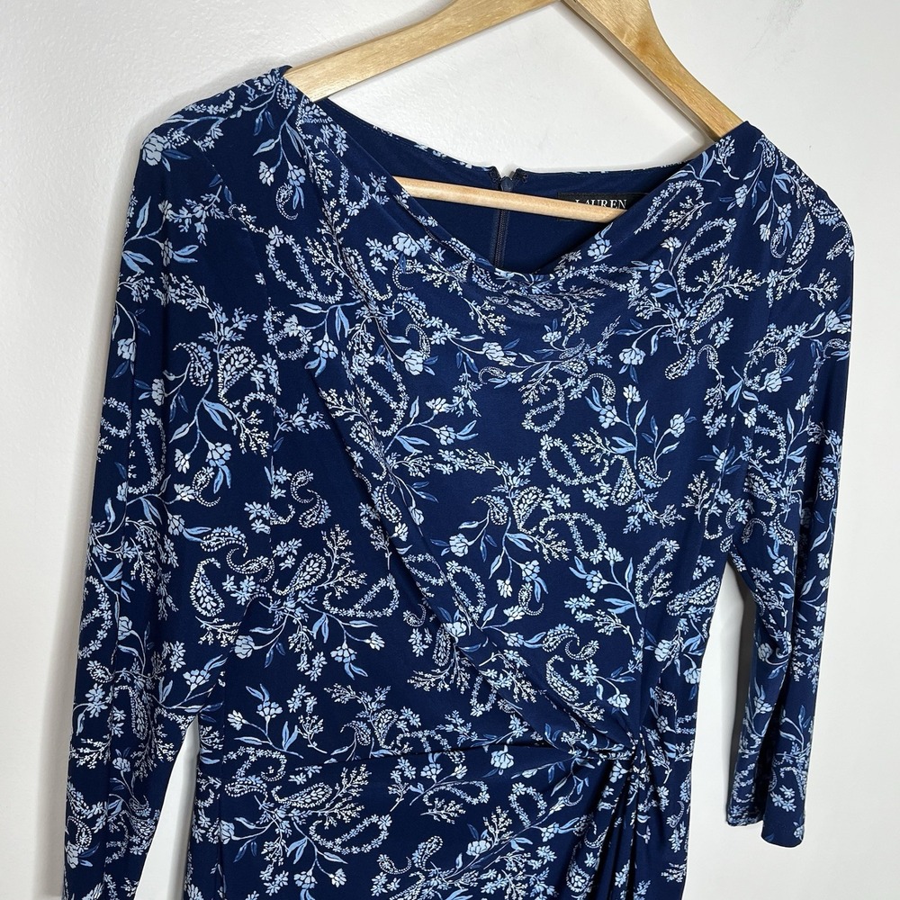 Ralph Lauren Floral Print Knit Sheath Dress Blue Womens Size 4 Career Work - Picture 2 of 7